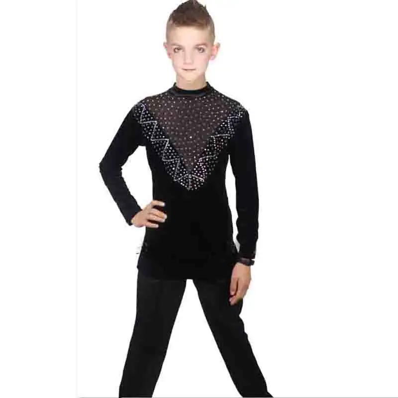 2018 Latest Latin Dance Tops for Children Black Fabric Shirt Ballroom Boy Male Latino Infantile Professional Chacha Clothe N7008