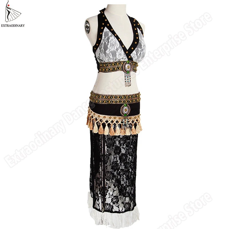 ATS Tribal Belly Dance Costume Suit Set Bra Hip Scarf Lace Women Stage Performance Tribal Gypsy Adjustable Top Belt 2PCS