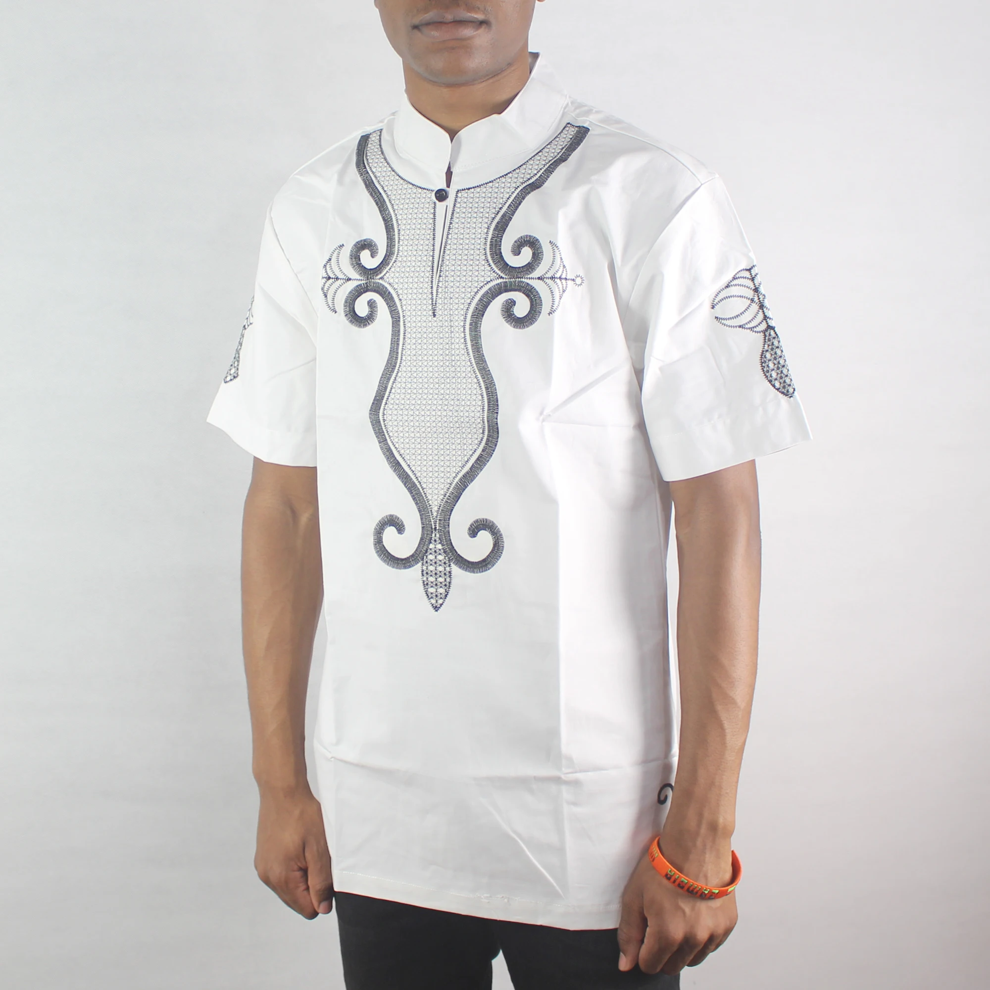 White dashiki embroidered tailored clothing African artist Ghana Top