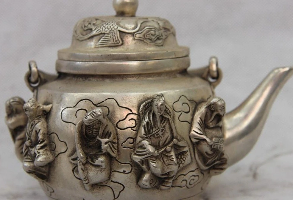 

4 China White Copper Silver Eight Immortals Buddha Crane kettle Wine Pot Teapot