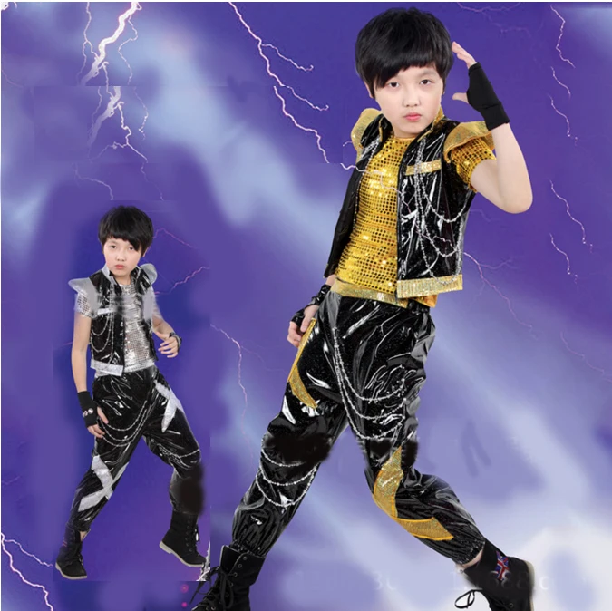 Boy\'s Jazz Dance Costume Set New Kids Sequin Top & Harem Pants Sets Fashion Mordern Children Hip Hop Clothing