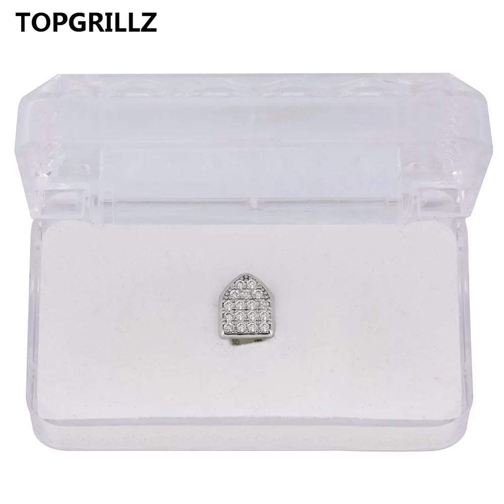 TOPGRILLZ Hip Hop Teeth Grillz Pure Gold Color Plated Single Cap Micro Pave CZ Cubic Zirconia Top Tooh Grills Bling Grill