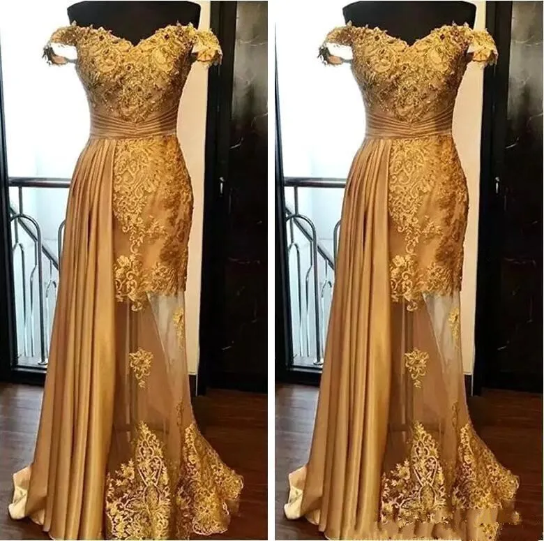 

Gold Muslim Evening Dresses Mermaid Off The Shoulder Lace Beaded Islamic Dubai Saudi Arabic Long Formal Evening Gown Prom