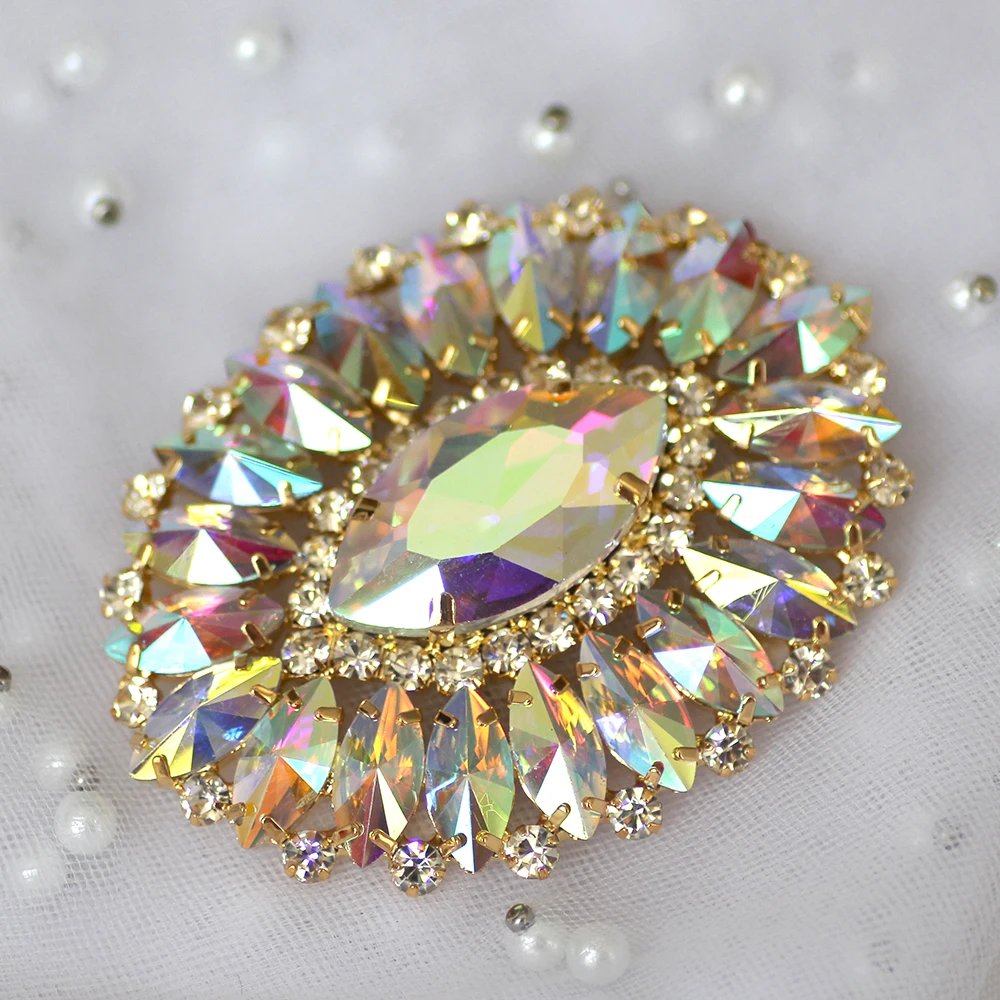 Oval shape Blue Rhinestone applique gold base red green sew on rhinestone strass crystal for Garments party dress decoration