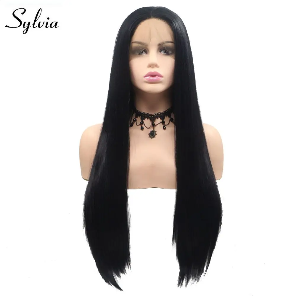 

Sylvia Long Hair Silky Straight Black Wigs For African Middle Part 1B Natural Hairline Synthetic Lace Front Wig Heat Resistant