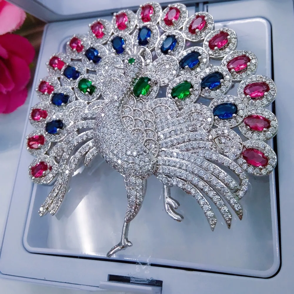 Big Peacock Brooches For Women Wedding Bouquets Clip Scarf Buckle Hijab Pins Multi-color Stones Brooch Luxury Wedding Accessory