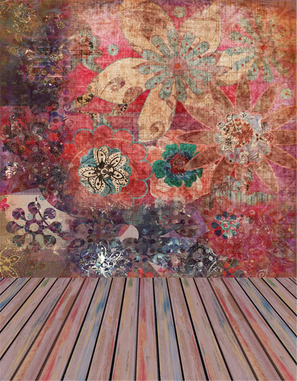 

Retro Vintage Red Floral Wall Background for Photo Studio Printed Flowers Baby Kids Children Photography Backdrops Wood Floor