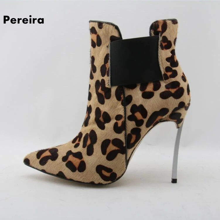 Sexy Leopard Ankle Boots Pointed Toe Metal Heels Ladies Dress Shoes Cut-out Thin Heels Short Bootie Real Photo Boots