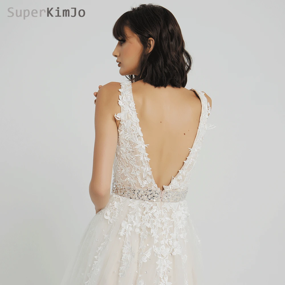 Superkimjo 2019 Manik-manik Gaun Prom Gaun Vestido De Festa Renda Bordiran V Leher Champagne Prom Gaun Vestido De Baile