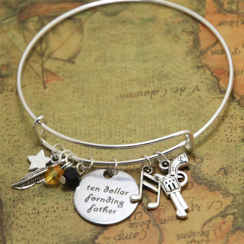 Ten Dollar Founding Father Alexander the Musical Inspired Lyrics Charm Bracelet Adjustable Bangles Silver Tone