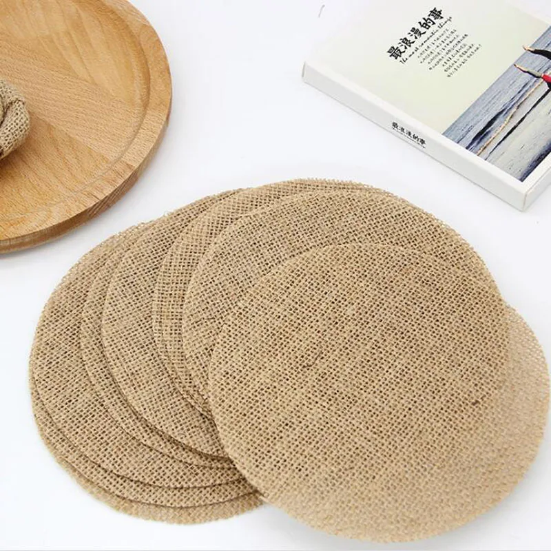 500pcs 15cm Round Christmas Wedding Party Jute Natural Tablemat Burlap Vintage Handmade Accessory Print DIY Decoration ZA6455