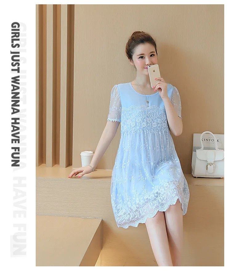 Maternity dress 2018 summer Korean version of the new long loose pregnant women dress lace stitching yards pregnant women dress