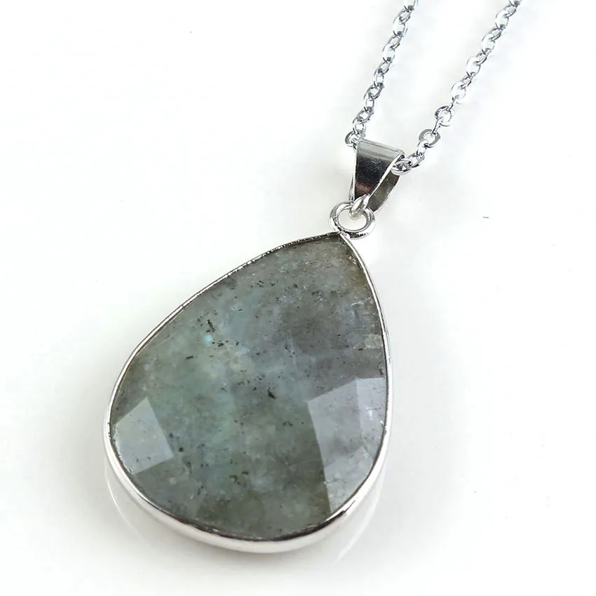 Labradorite Stone Pendant Necklace for Women Men Natural Water Drop Faceted Spectrolite Crystal Stone Pendant Chain Jewelry