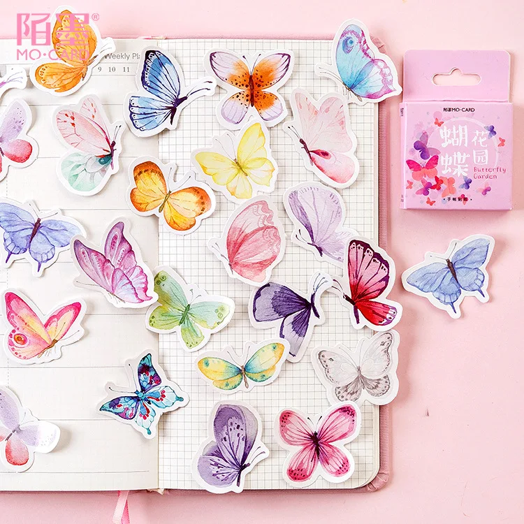 Juego de pegatinas decorativas de jardín de mariposa Kawaii, pegatinas de álbum de recortes, etiqueta de palo, diario, papelería