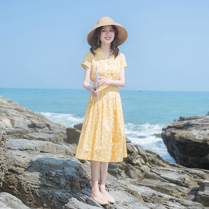 2019 summer new women's fashion casual dress Slim clear French retro wave point Mori GirlV collar short-sleeved dress