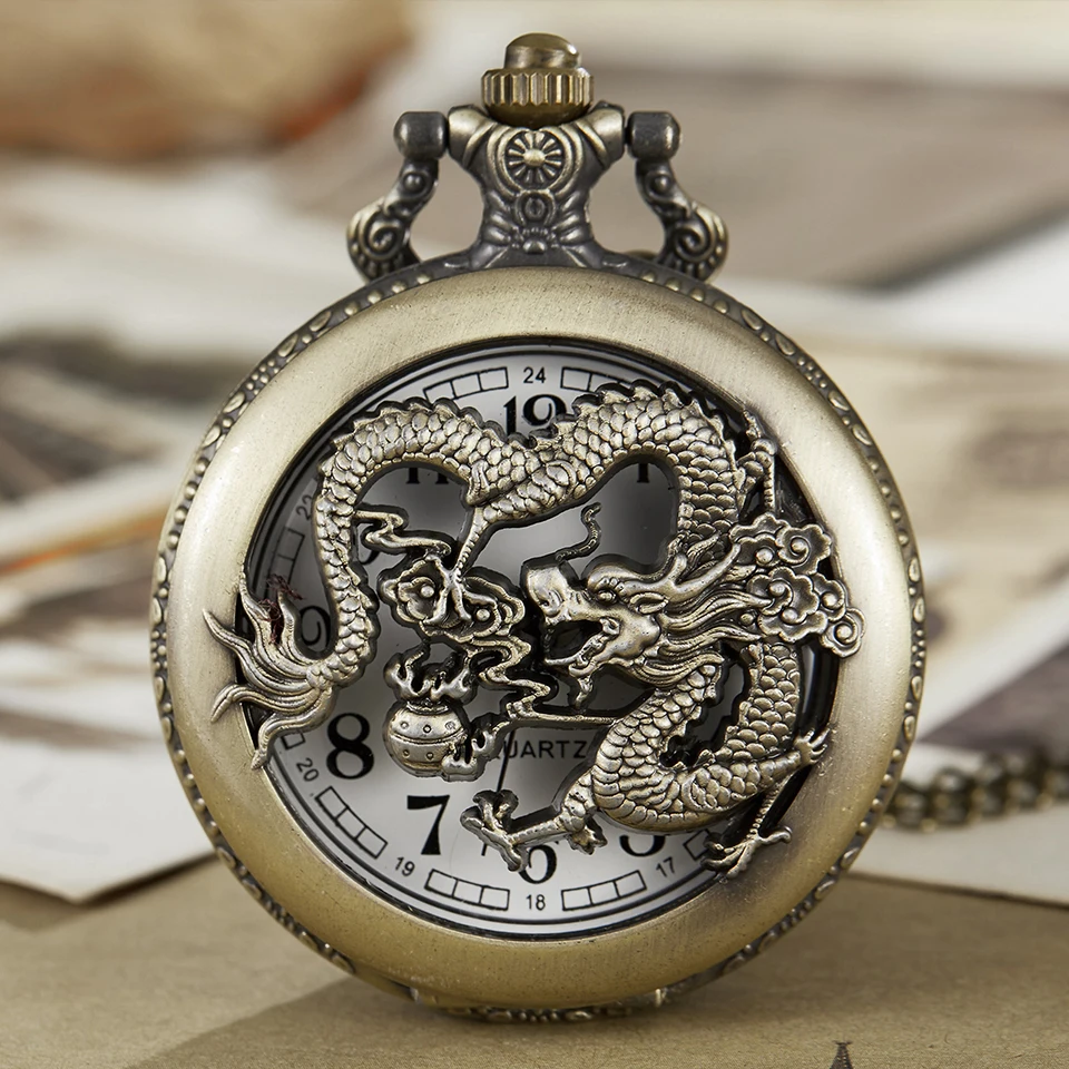 Vintage Pocket Watch Dragon Play Pearl Ball Engrave Hollow Flip Fob Watch Chain Mens Necklace Watch Lucky Holy Dragons Clocks