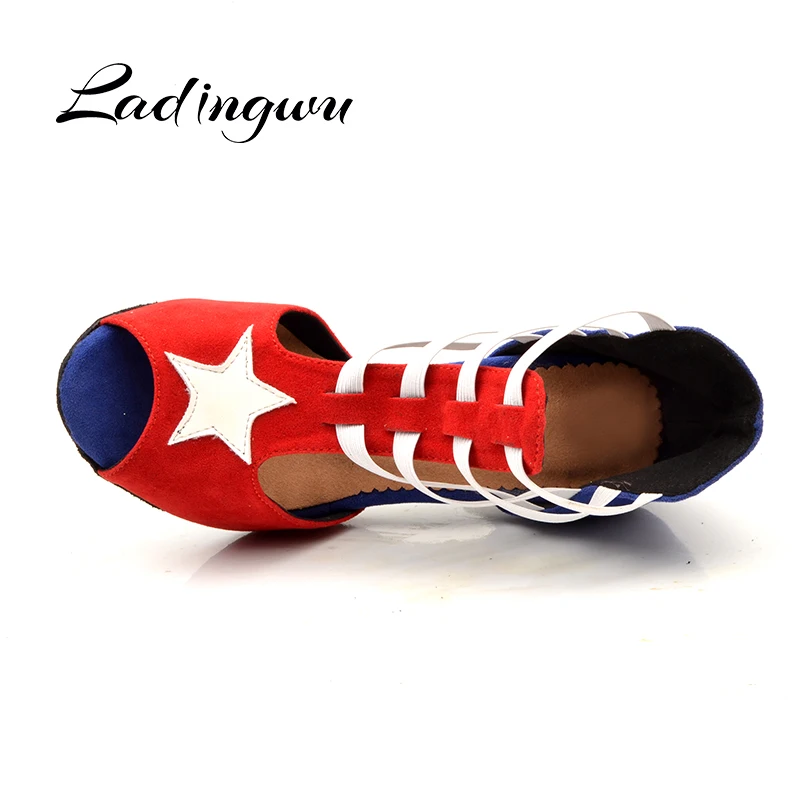Ladingwu Latin dance shoes Women Suede Red Blue White match wide thin high heel 7.5cm Salsa Performance Ballroom dancing shoes