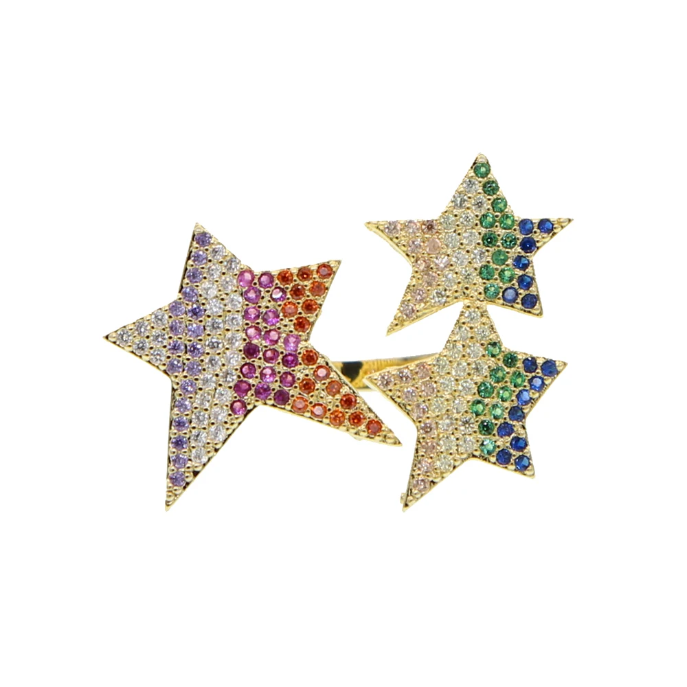 adjustable size Hip Hop Five Star Rings woMen\'s Gold Silver Color multicolored Cubic Zircon Jewelry Ring Gifts
