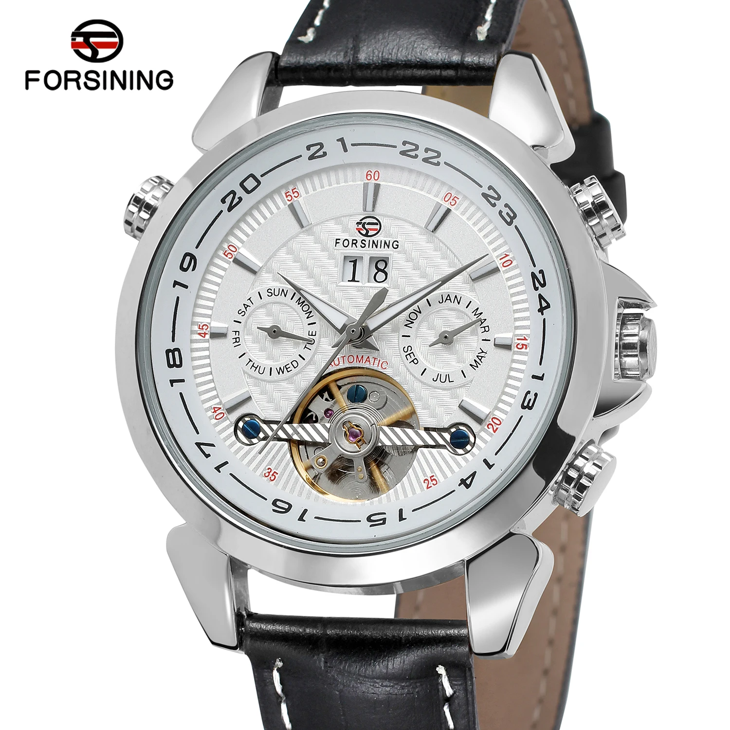 2019 Forsining Top Brand Weaving Tourbillion Design Clock Genuine Leather Band Calendar Display Mens Business Mechanical Watches