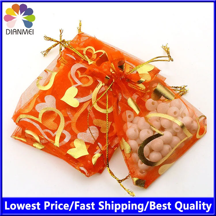 

Heart Orange Bronzing Organza Jewelry Packaging Gift Bags Cheap Wedding Gift Sacks Candy Bags Party 7x9cm 100pcs/lot Wholesale