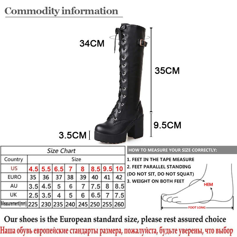 Gdgydh Hot Sale Spring Autumn Lacing Knee High Boots Women Fashion White Square Heel Woman Leather Shoes Winter PU Large Size 43