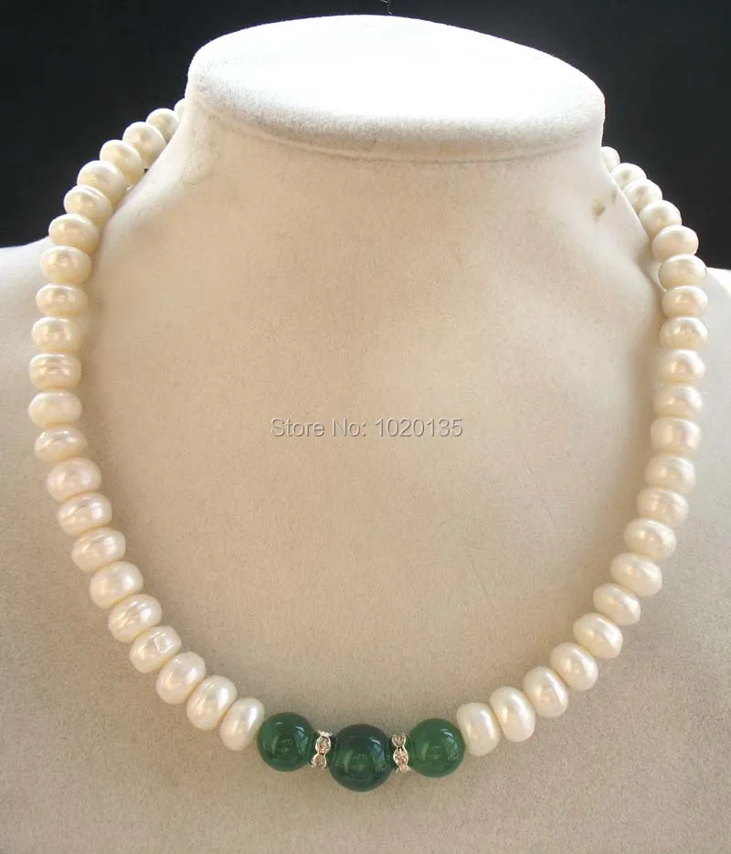 freshwater pearl  white roundel 8-10mm green agates stone beads  necklace 17inch nature FPPJ