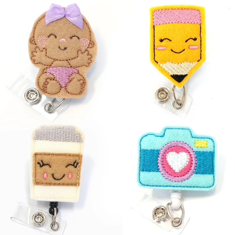 10/20pcs/lot Mix Felt handmade knitting cute design baby Retractable id badge holder reel for nurse gift