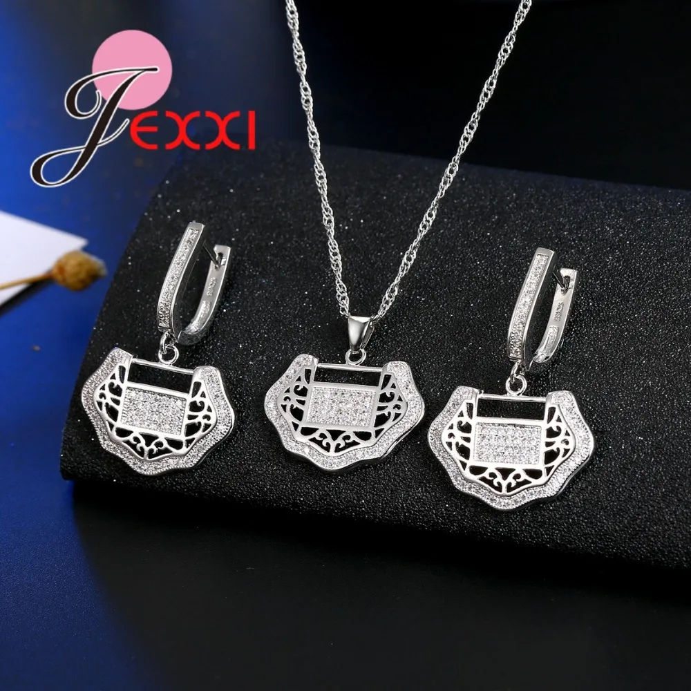 Longevity Lock for Good Healthy Jewelry Sets 925 Sterling Silver Color CZ Crystal Pave Pendant Necklace Earrings Set