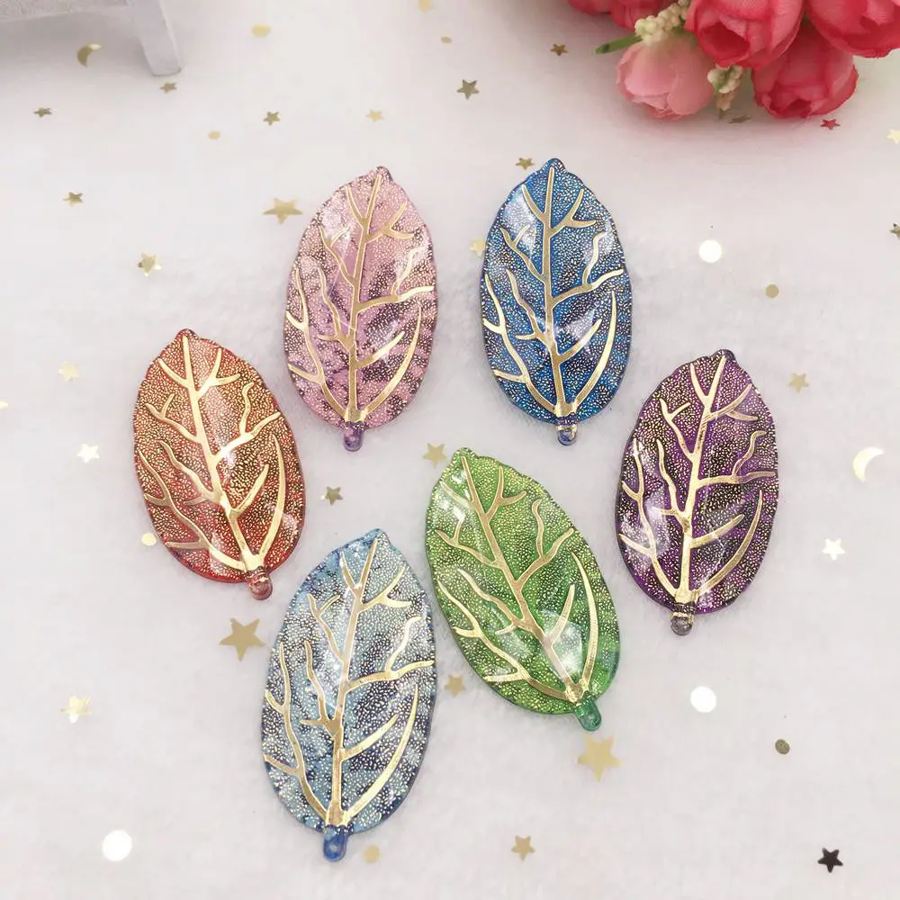 Mix Resin Bling Colorful Leafs Bead Flat Back Rhinestone 6pcs Applique DIY Wedding 1 Hole Charm Pendant Ornament Craft PF629