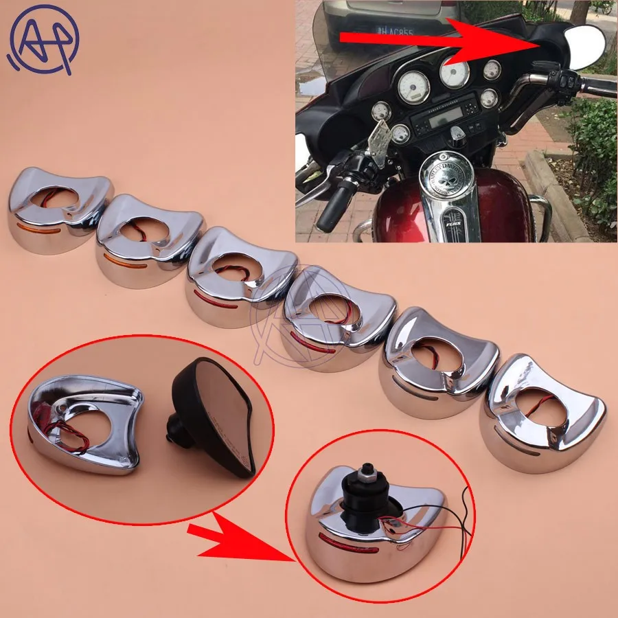 New Motorcycle Chrome Fairing Mount Mirrors Red/Amber/Smoke Lens LED Lights Cover Caps For Harley Electra Glide 1996-2013