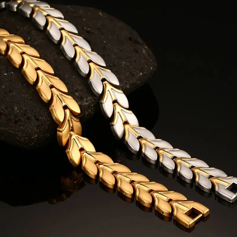 Vinterly Gold-color Magnetic Bracelet Men Stainless Steel Wheat Chain Link Bracelet Health Energy Charm Bracelets for Men Women