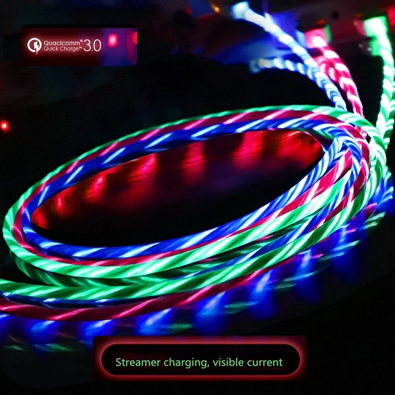 Glowing LED Type C USB Cable Flowing Visible Light Luminescent Charge Cord Type-C USB Cable for Samsung Xiaomi Huawei iPhone