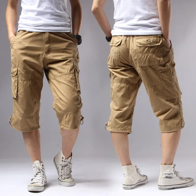 Summer Long Length Cargo Shorts Men Knee Pocket Casual Cotton Elastic Waist Bermudas Male Military Style Capri Breeche Army