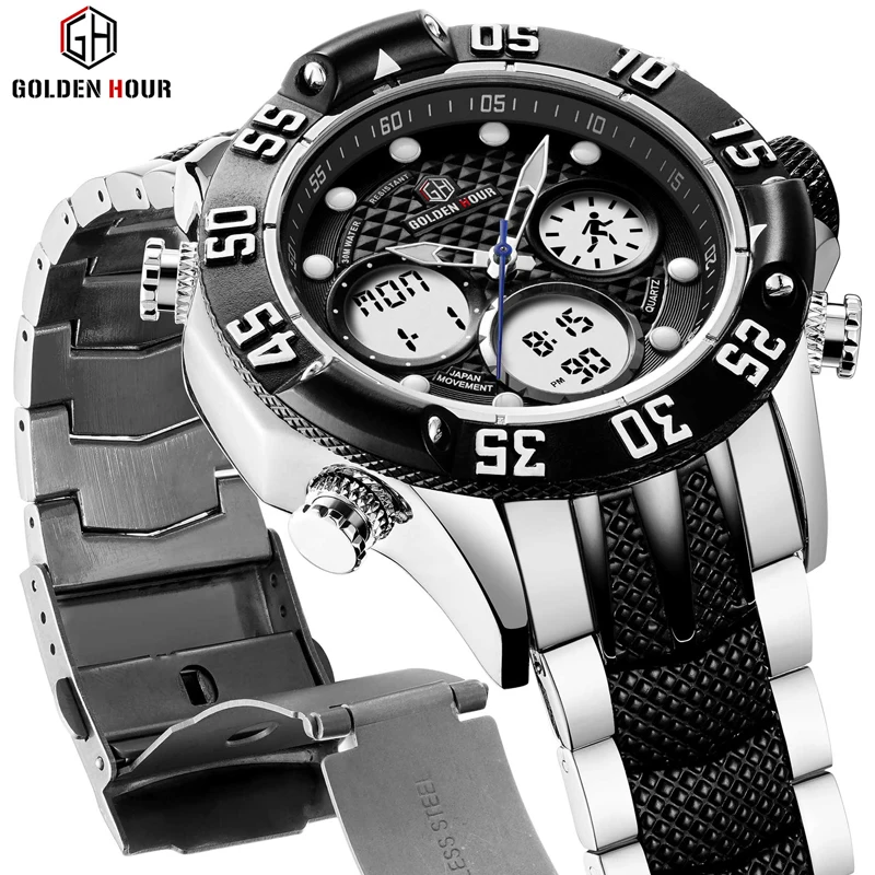 GOLDENHOUR Mens Sport Analog Digital Watches Outdoor Waterproof Big Case Military  Wrist Watch Full Stainless Quartz Male Clock