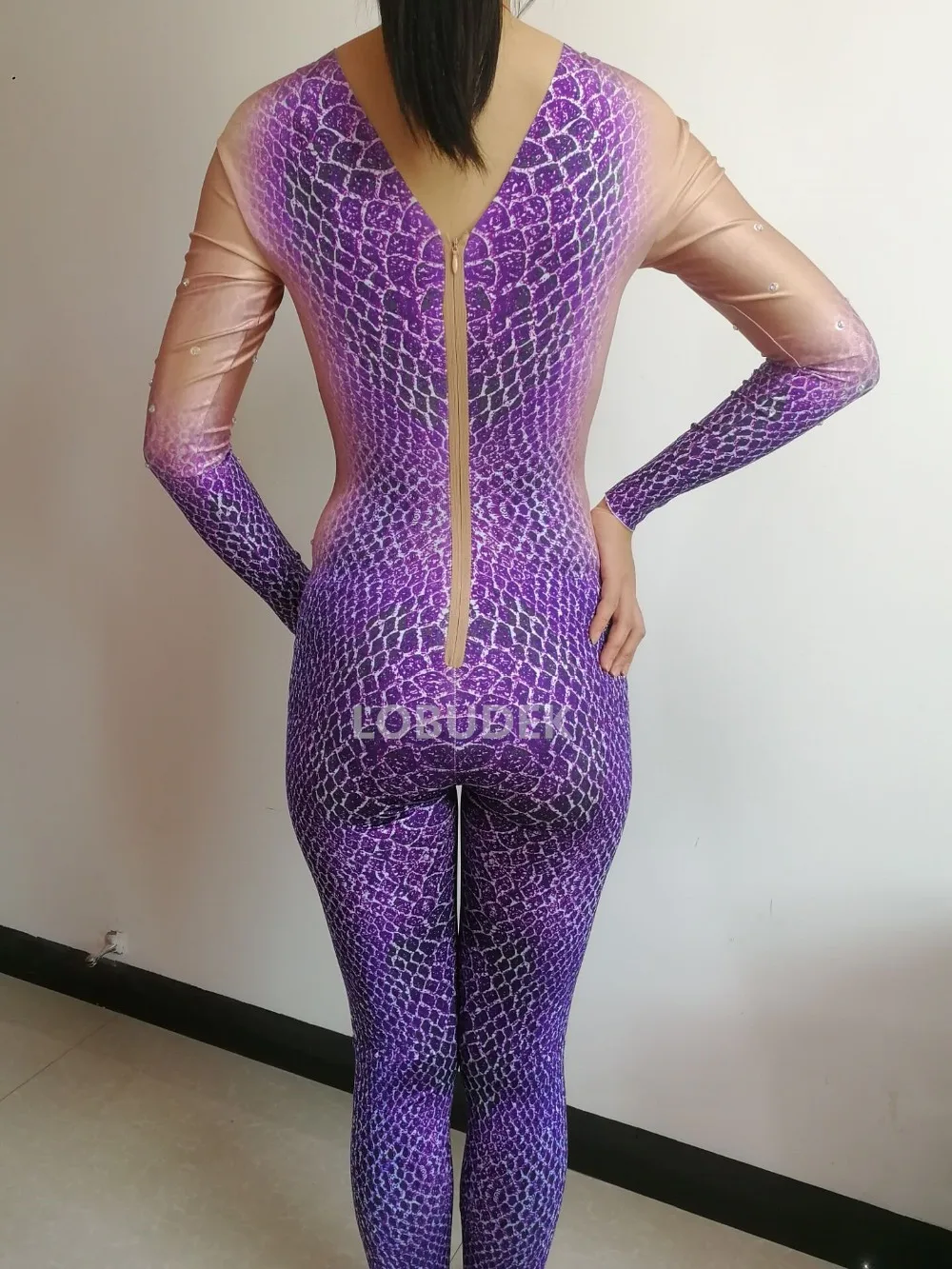 Costume de Cosplay Imprimé Violet et Vert pour Femme, Justaucorps Sexy pour Salle de Bains, Discothèque, Bar, Halloween, Tenue de Scène