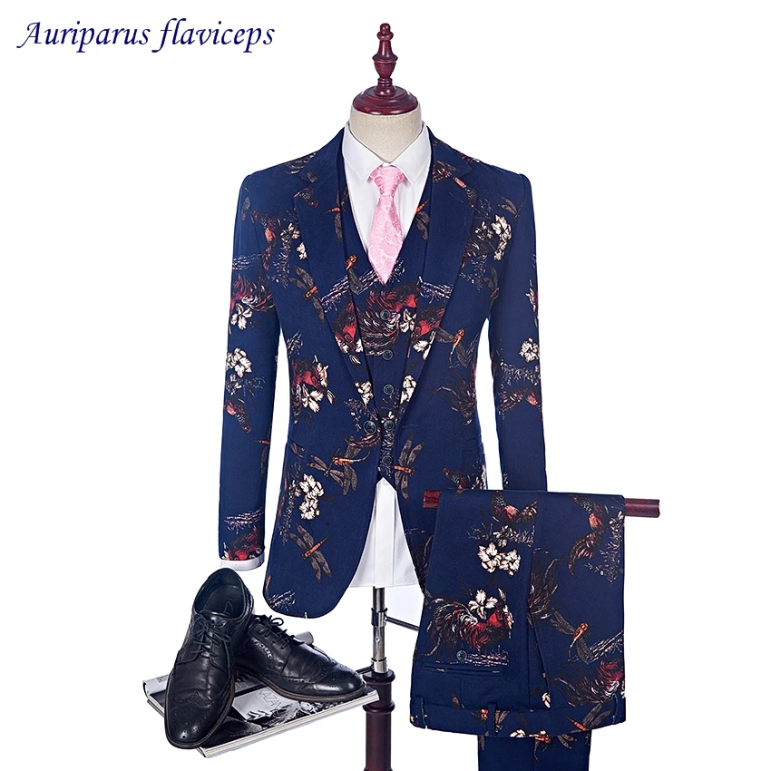 

New Stylish Luxury 3 Suit Men Wedding Suit Printed Dragonfly Rooster Pattern Tuxedo Stage Costumes For Singer Slim Fit Male Suit