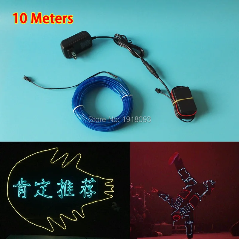 

New 10Color Choice 10M length 3.2mm diameter LED Strip neon wire El Wire With 100V-220V Flashing Inverter For Home decoration