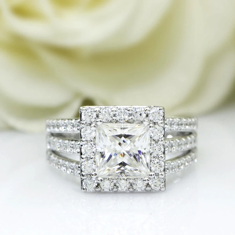 

Solid 14K White Gold Wedding Engagement Ring 3.0ct Princess Cut DF Color Solitaire with Accents For Women