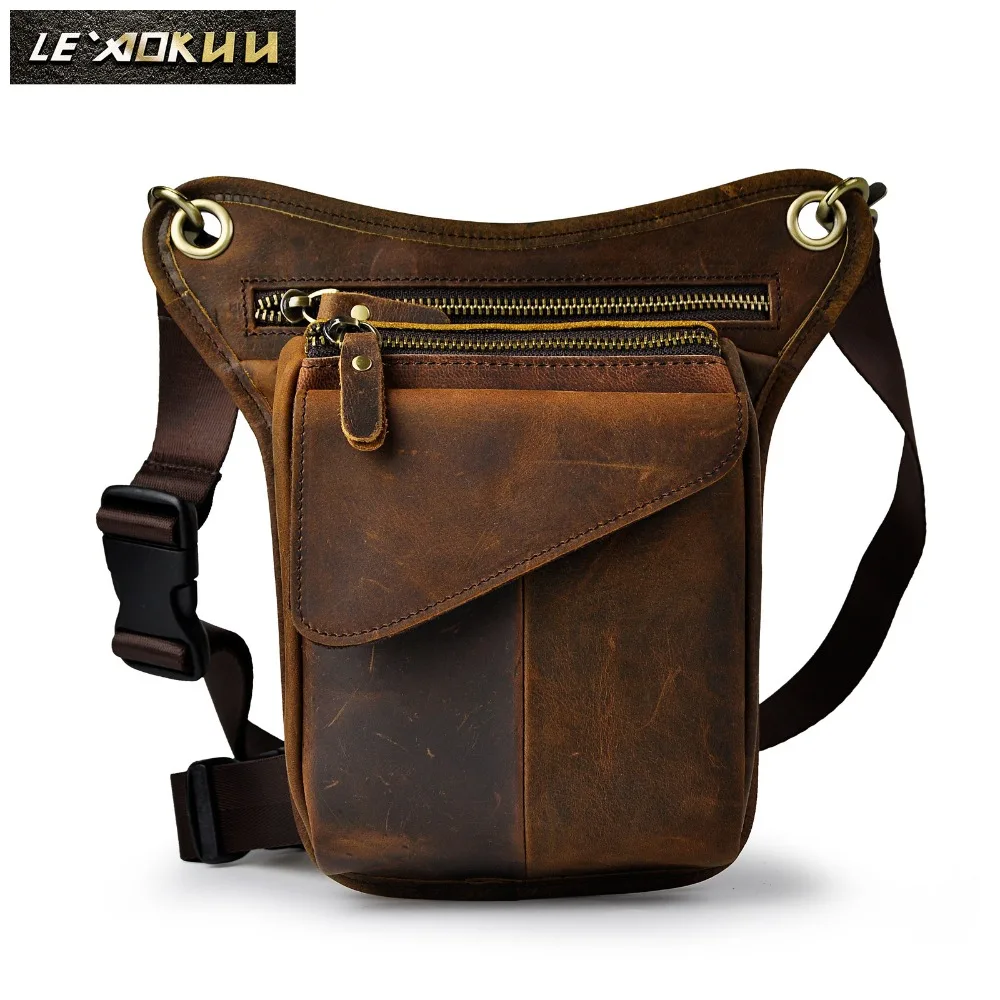 Quality Leather Men Design Casual Brown Classic Shoulder Sling Bag Multi-function Fashion Travel Waist Belt Pack Leg Bag 211-3
