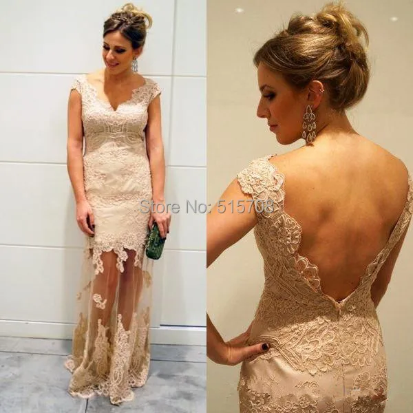 Tanie formalne suknie wieczorowe Backless Lace V czapka z osłoną karku rękaw długość podłogi Celebrity formalna wieczorowa długa suknia balowa