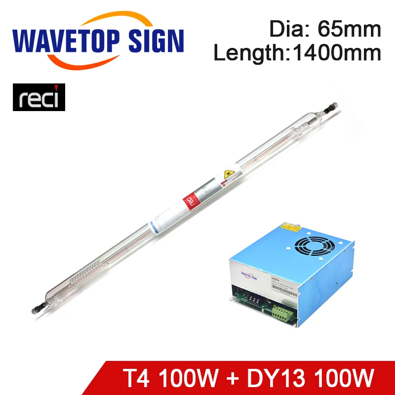 Reci-tubo láser T4 Co2, 1400mm, 100W, diámetro de 65mm y fuente de alimentación DY13, lámpara láser de vidrio de 100W para máquina cortadora de grabado láser CO2