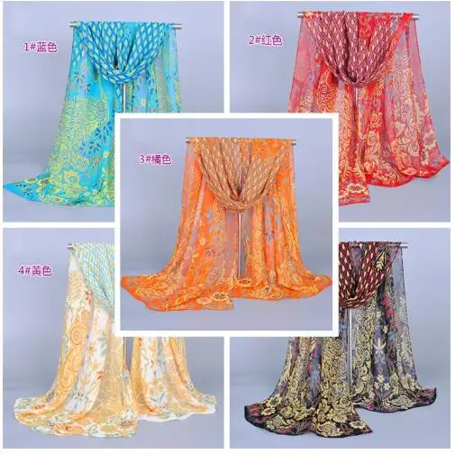 New Arrival 160*50CM Women Chiffon Silk Scarfs Spring polyester Scarves Print flowers Peacock Summer Shawls And Hijab wholesale