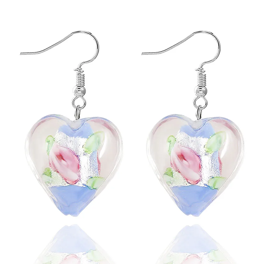 QIANBEI Mix Color Hand-made Murano Glass Women\'s Romatic Elegant Classic Dangle Rose Flower Heart Earrings