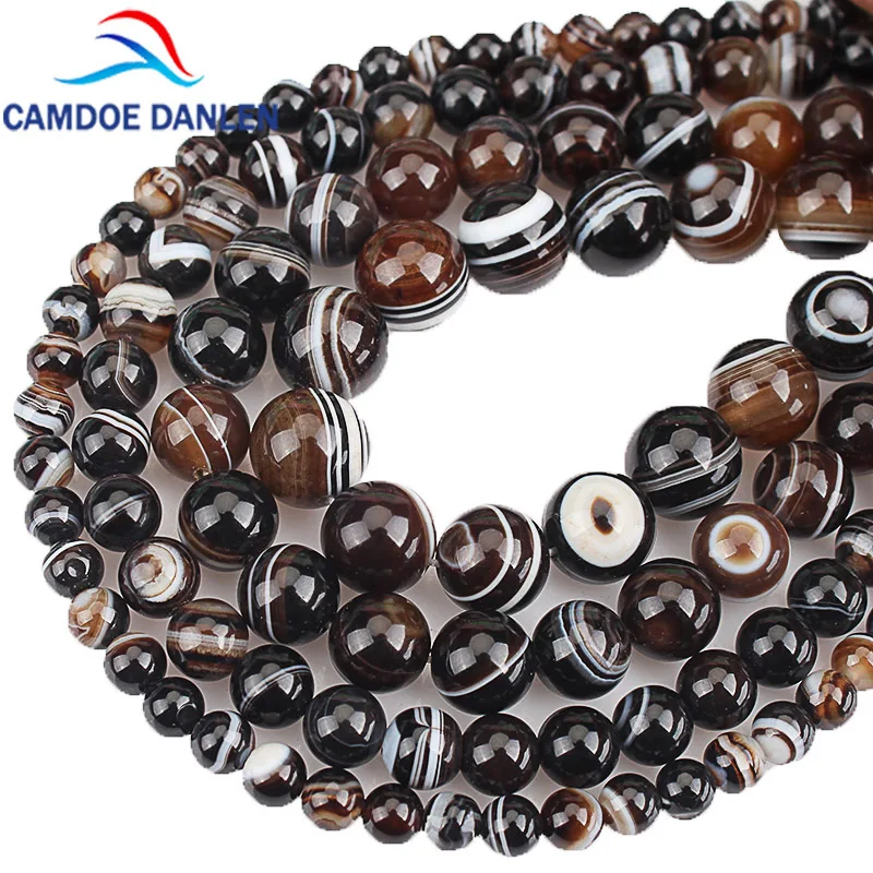 Natural Stone Top Grade Coffee Onyx Stripe Agates Round Loose Beads 6 8 10 12 14MM DIY Bracelet Necklace Bead For Jewelry Making