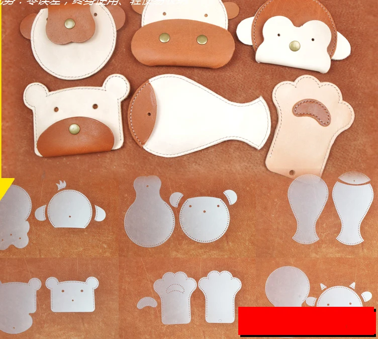 DIY cute animal head design leather card holder wallet sewing pattern children handmade gift pvc template 6sets/lot