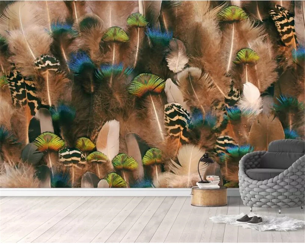 

beibehang Custom personality 3d wallpaper mural fashion Nordic feather background wall peacock feather wallpaper for walls 3 d