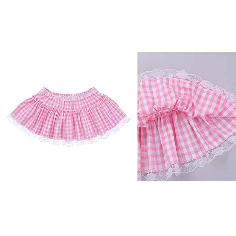 Adults Unisex Elastic Waistband Short Skirts with Lace Pleated Gingham A-line Skirt Sexy Women Bottoms Sissy Miniskirts for Men