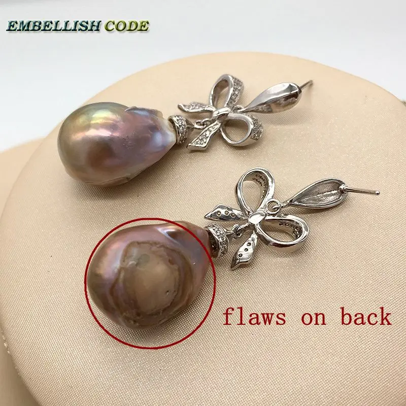 baroque pearls Bowknot style noble dangle earrings purple golden color flame ball tissue freshwater pearl 925 silver for women