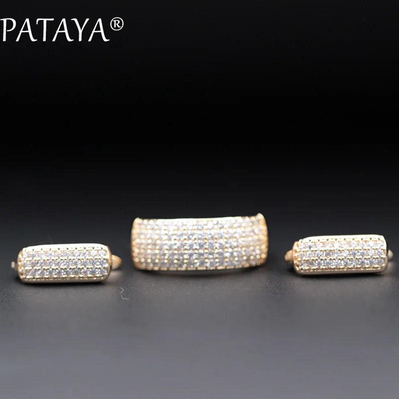 PATAYA New Arrivals Luxury Jewelry Set 585 Rose Gold Color Earrings Rings Sets Round White Natural Zirconia Jewelry For Women