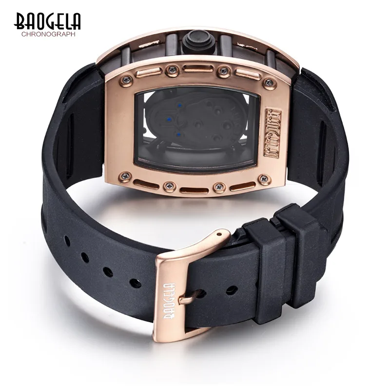 Baogela Fashion Rectangle Skeleton Dial Luminous Hands Silicone Strap Army Sport Quartz Watches BGL1612G-3